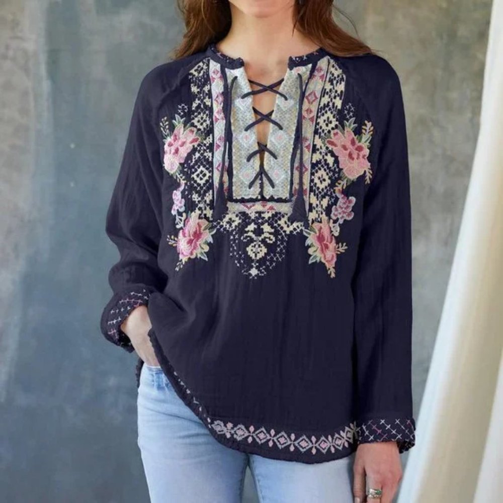 NWT Johnny Was Joann Gauze Blouse (Navy) Small